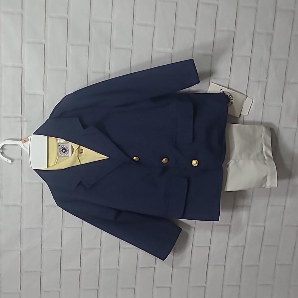 Boys Good Lad Navy jacket, Yellow shirt, And khaki pant set.